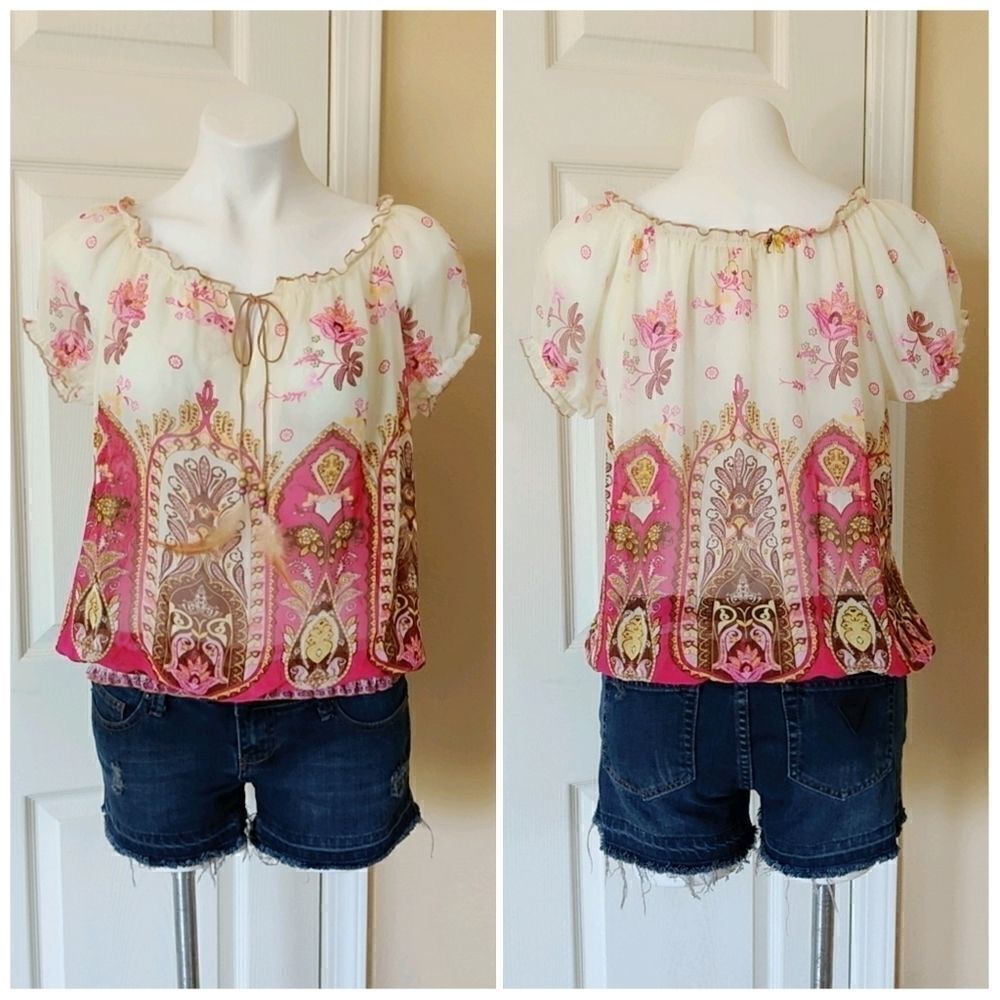 Sugar Tart sheer paisley peasant blouse sz M
